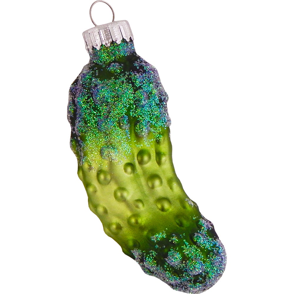 Groen getinte, 10 cm Duitse kerst augurk van glas, mondgeblazen en met de hand versierd, 1 stuk, kerstballen, kerstversieringen, kerstversieringen