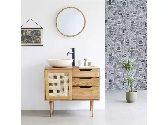 Meuble de salle de bain en mindi massif et cannage 85 cm