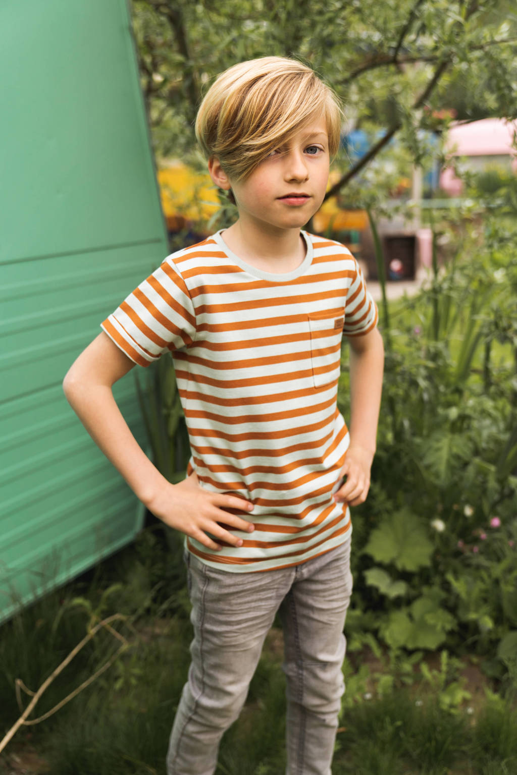 Koko Noko gestreept T-shirt lichtblauw/bruin