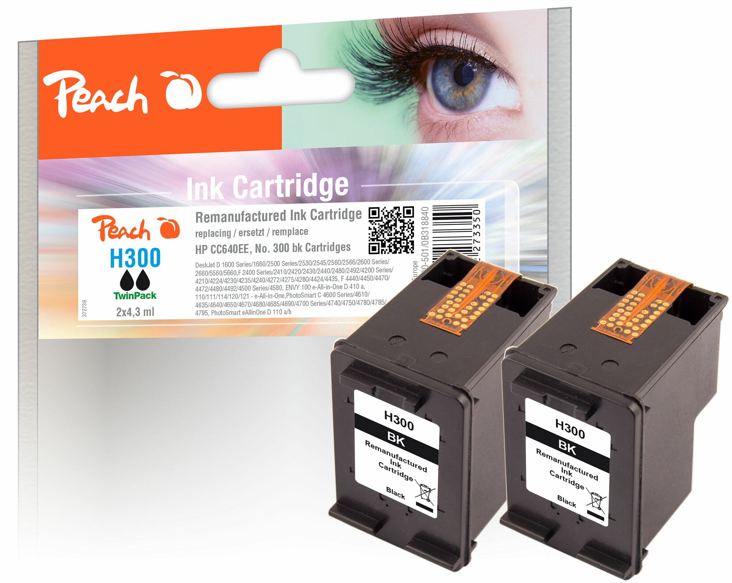 Peach HP 300 bk 2 Druckköpfe 2*bk ersetzt HP No. 300 bk*2, CC640EE*2 für z.B. HP DeskJet F 4224, HP DeskJet D 1600, HP DeskJet D 1658, HP Envy 110 (wiederaufbereitet)