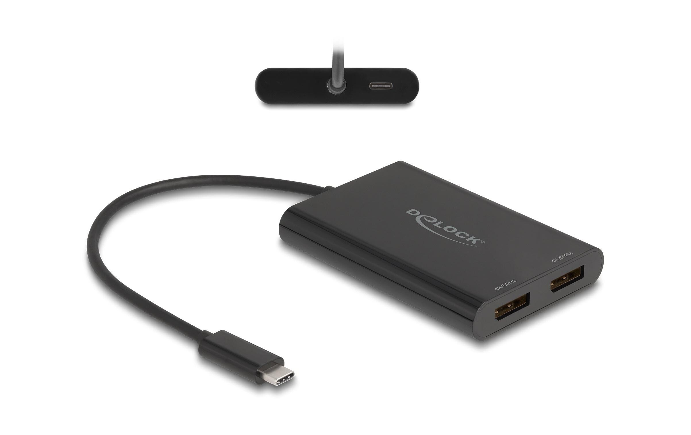 Multiadapter USB-C zu 2 x DisplayPort 4K 60Hz Schwarz<br>Delock Adapter USB Type-C zu 2 x DisplayPort 4K 60 Hz mit DisplayLink Grafik und USB PD