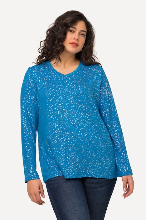 Weihnachts-Sweatshirt, Sterne, V-Ausschnitt, Langarm