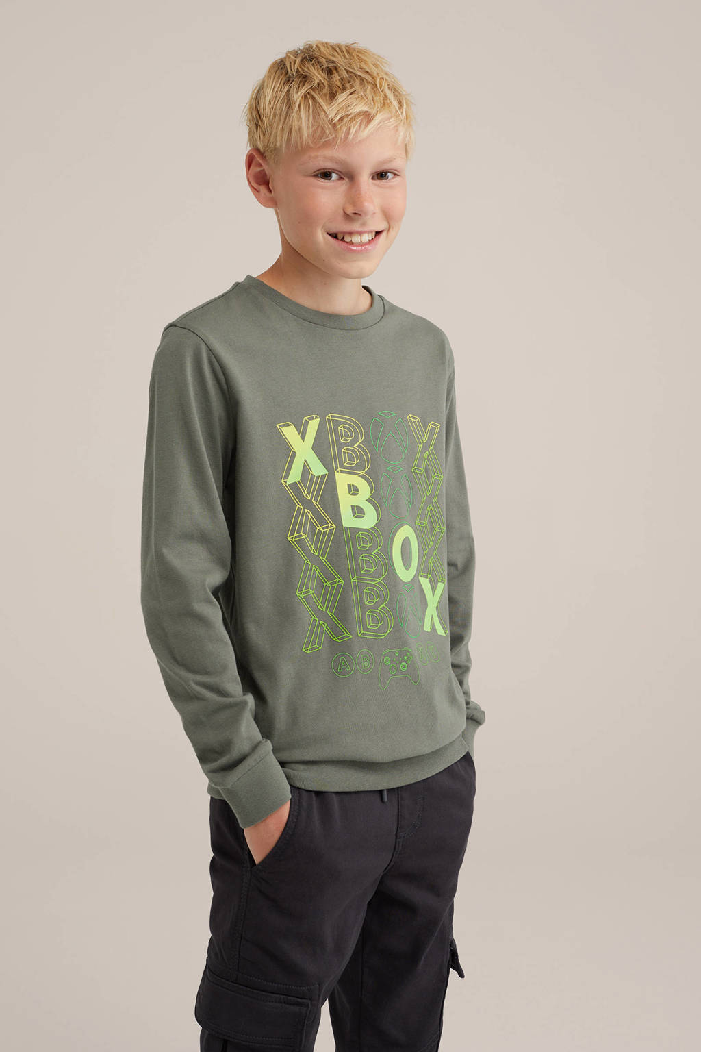 WE Fashion longsleeve met printopdruk grijsgroen/geel/limegroen
