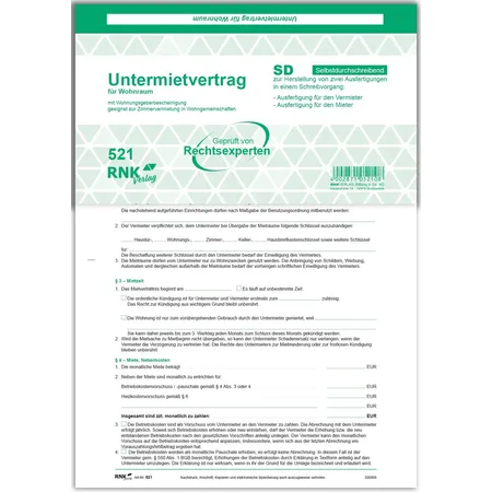 RNK Verlag Mietverträge, A4, Untermietvertrag für Wohnräume - SD