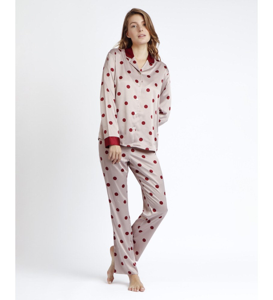 Pijama aberto Admas de manga comprida em cetim com elegantes bolinhas bege e bordô.