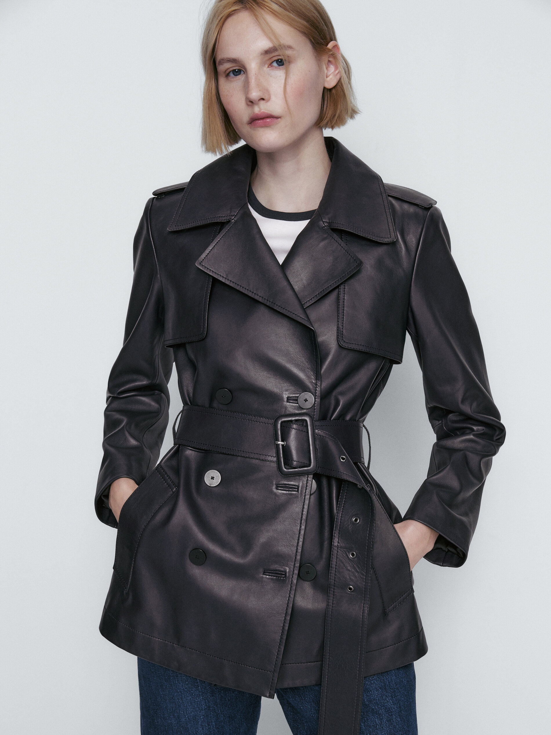 Chaqueta trench coat curto napa - AZUL MARINO