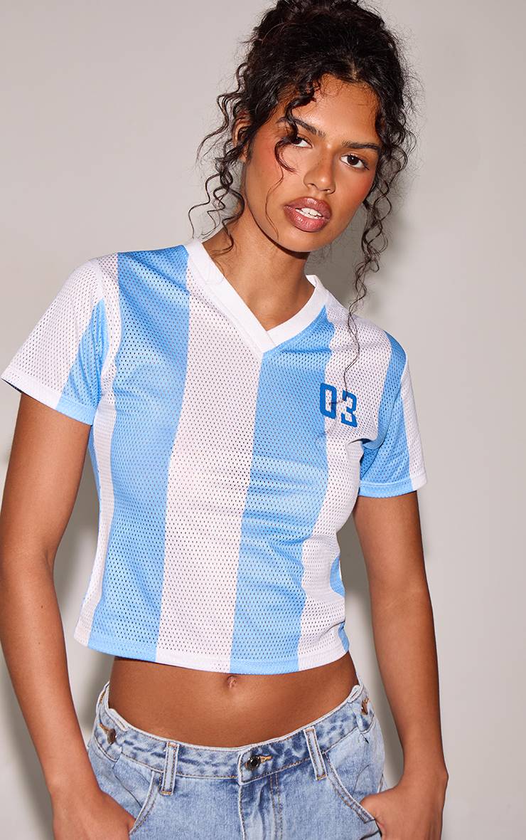 Bleu Maillot De Football Rayé À Manches Courtes
