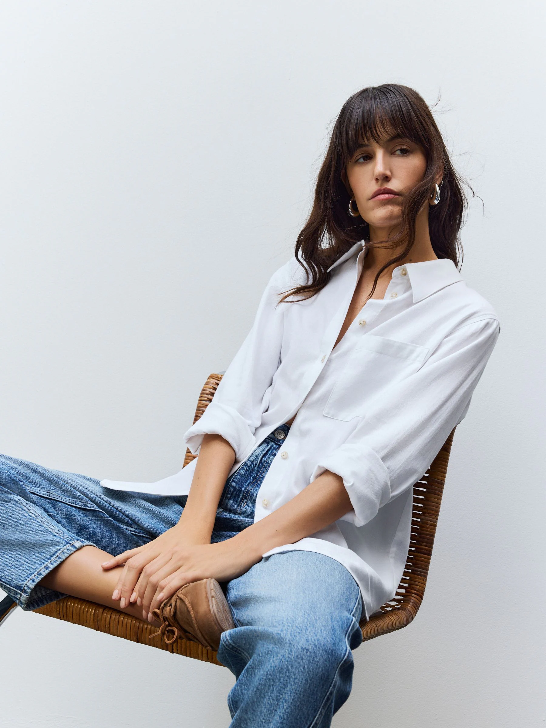 Wit - Ruimvallend 100% katoenen button-down casual overhemd met lange mouwen