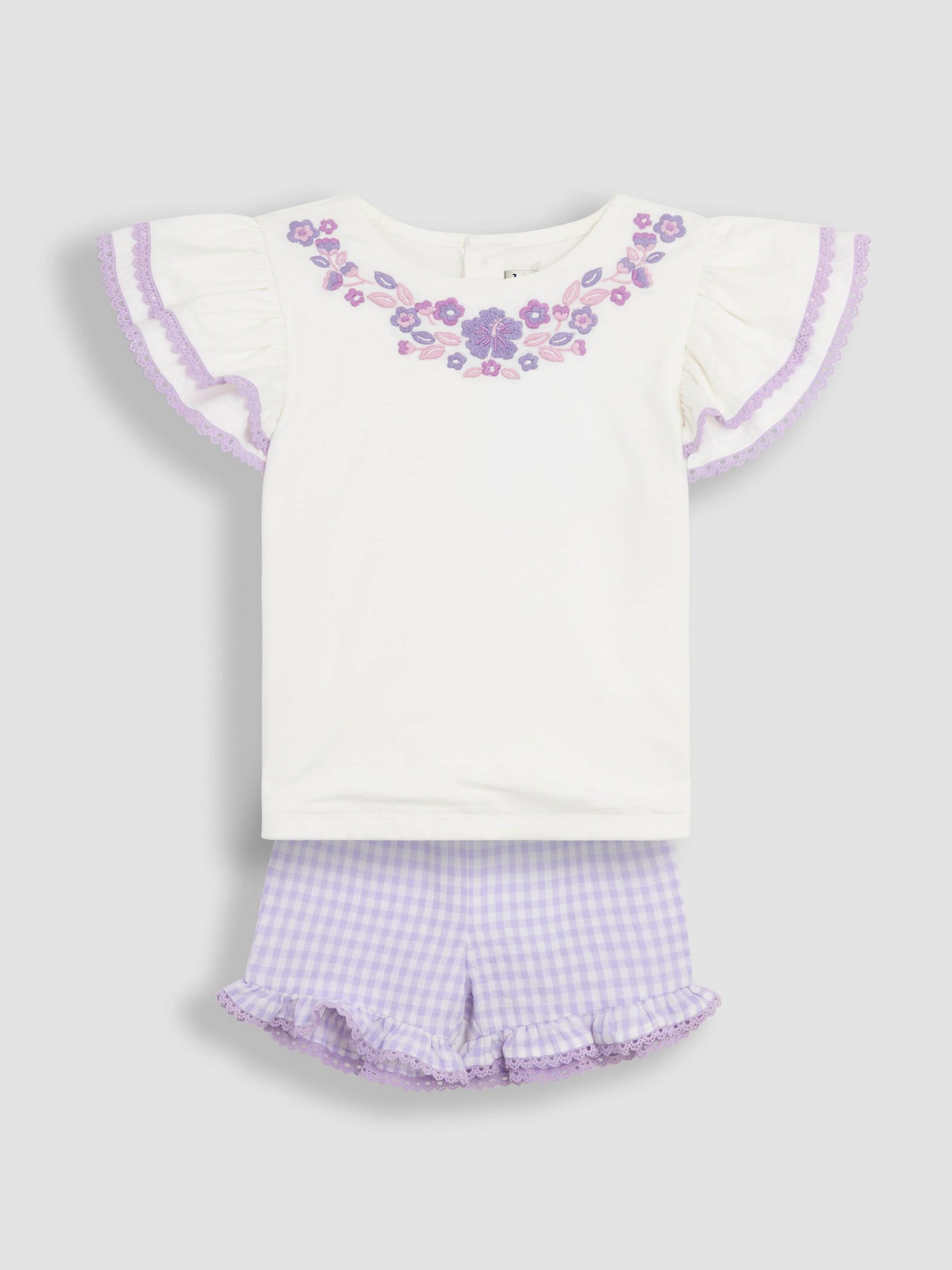 JoJo Maman Bébé - 2-delige set van T-shirt met dubbele ruches op de mouwen en short met borduursel