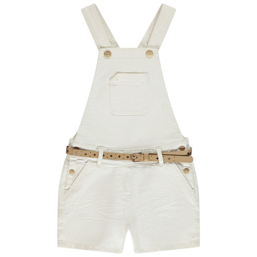 Salopette courte en jean avec ceinture pour fille - Ecru