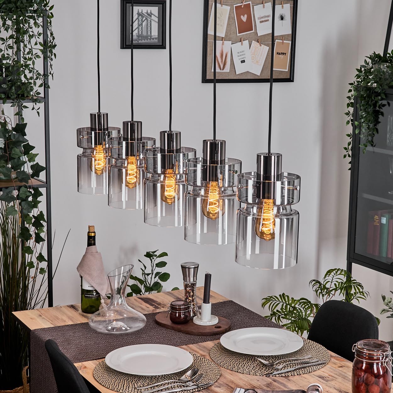 HOFSTEIN Hängeleuchte Hasvik, 5-flammige Hängelampe aus Metall/Glas in Schwarz/Rauchfarben/Klar, Vintage-Design (Ø 15 cm), E27, Pendelleuchte verstellbar bis 150 cm, Esszimmer, Wohnzimmer, Küche