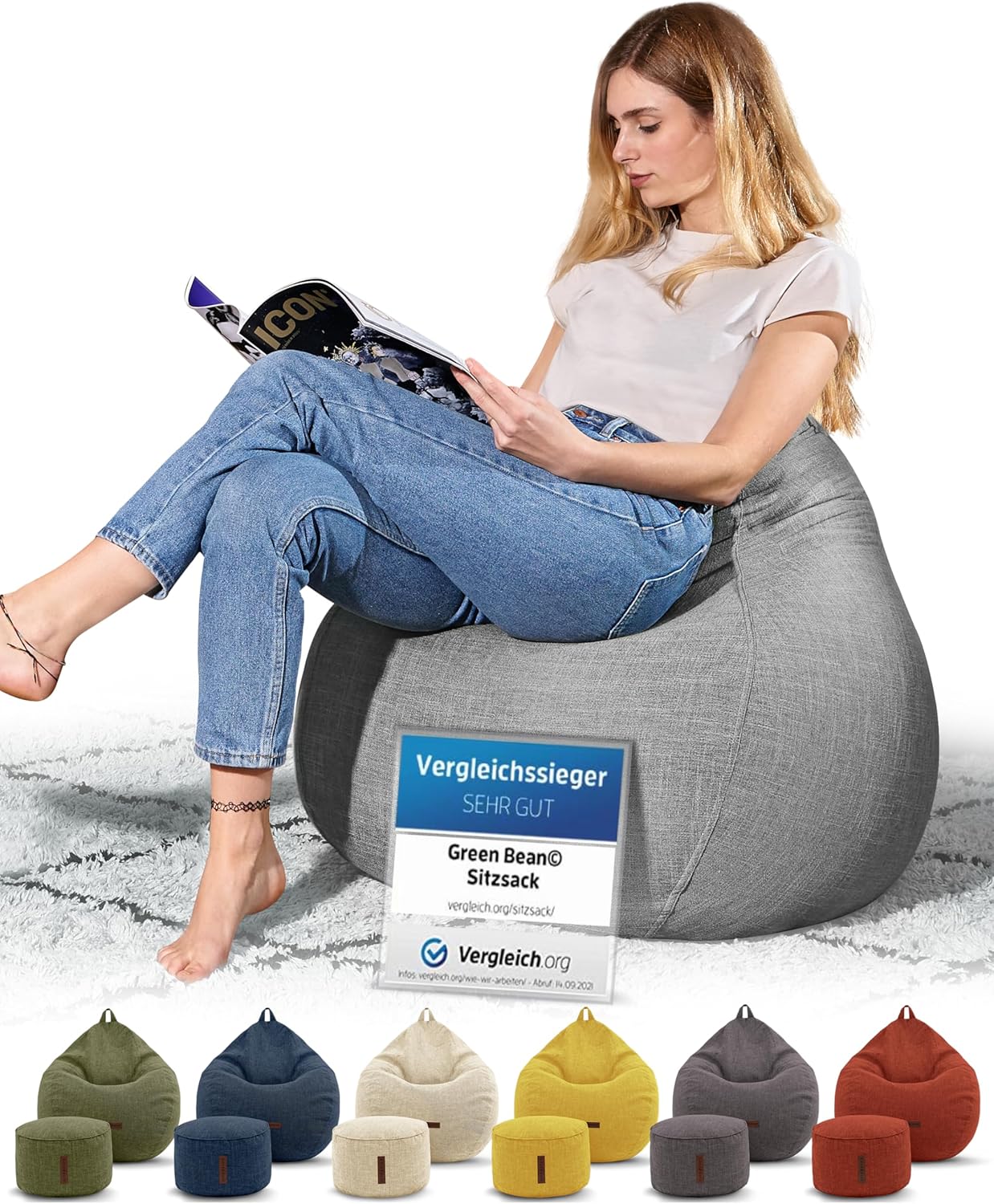 Green Bean Indoor XXL Sitzsack Home Linen + Hocker mit EPS-Perlen Füllung - Sitz-Pouf Bodenkissen Liegekissen Sitzkissen Lounge Chair Sitzhocker Relax-Sessel Bean Bag Silber Grau
