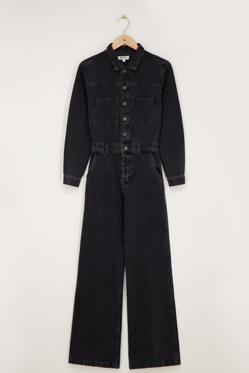 Zwarte denim jumpsuit met lange mouwen
