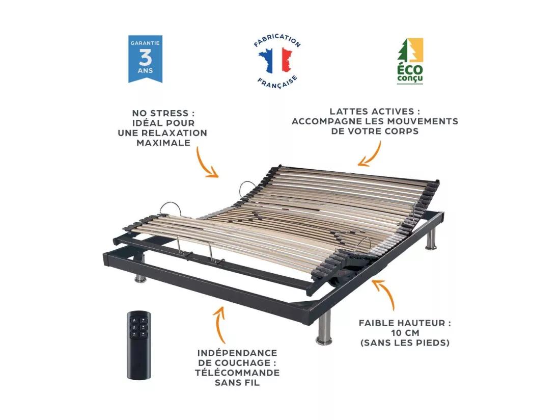 Sommier électrique S50 Mono-Lattes bois-Réglage fermeté zone lombaires-120x190-Gris