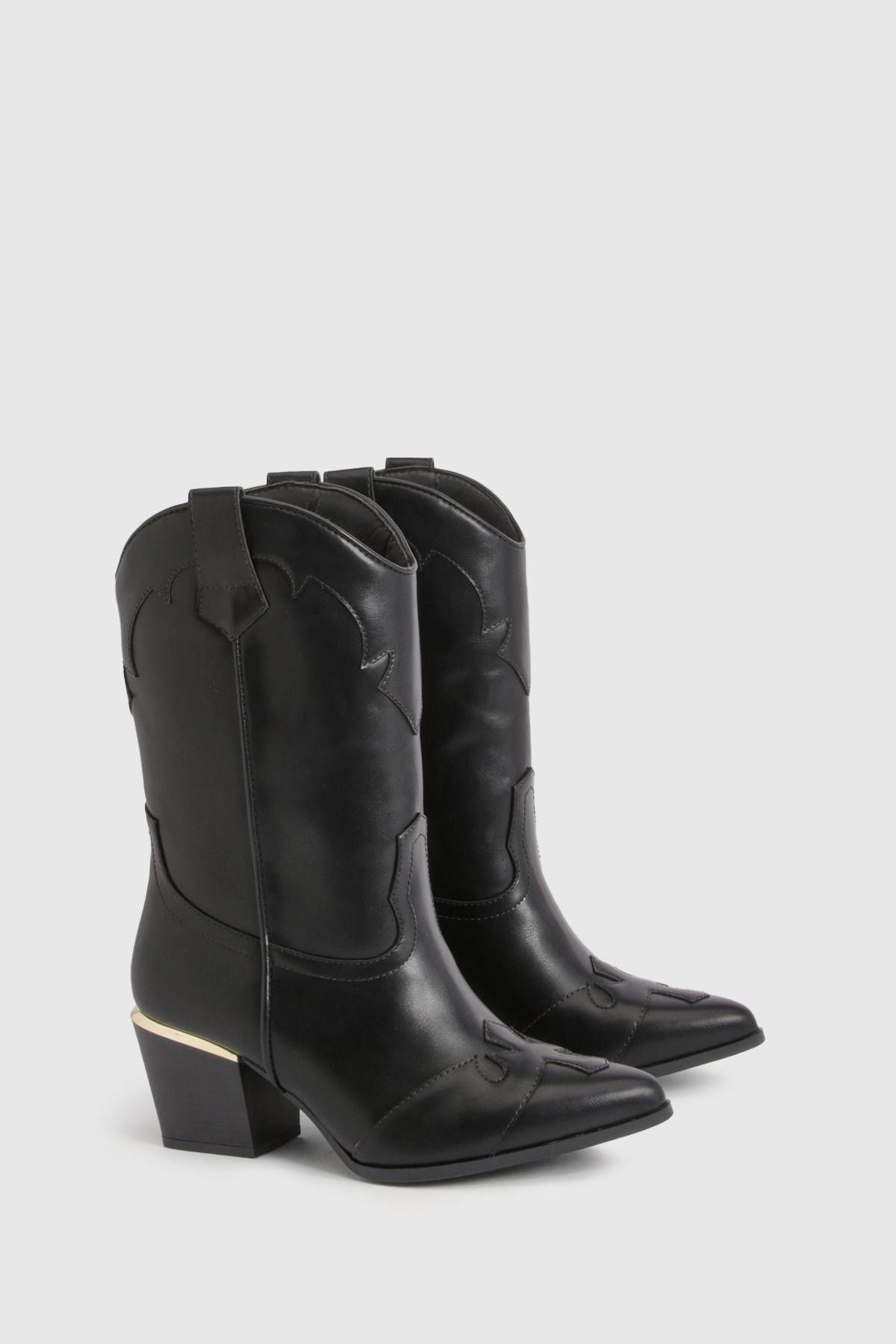 boohoo Bottes Cowboy Coupe Large Détail Talon Doré