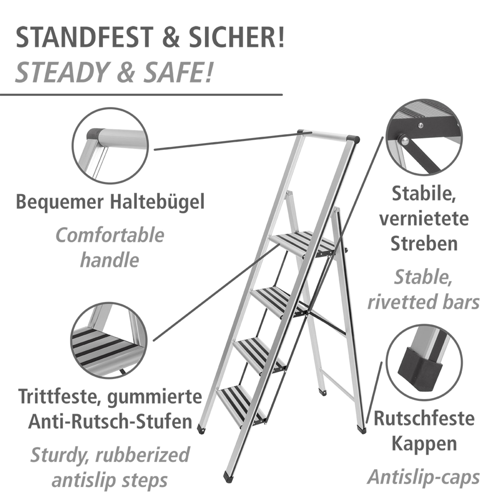 WENKO Trittleiter »Modell Alu-Design« Klapptritt Leiter, rutschsichere XXL-Stufen, klappbar, bis 150 kg