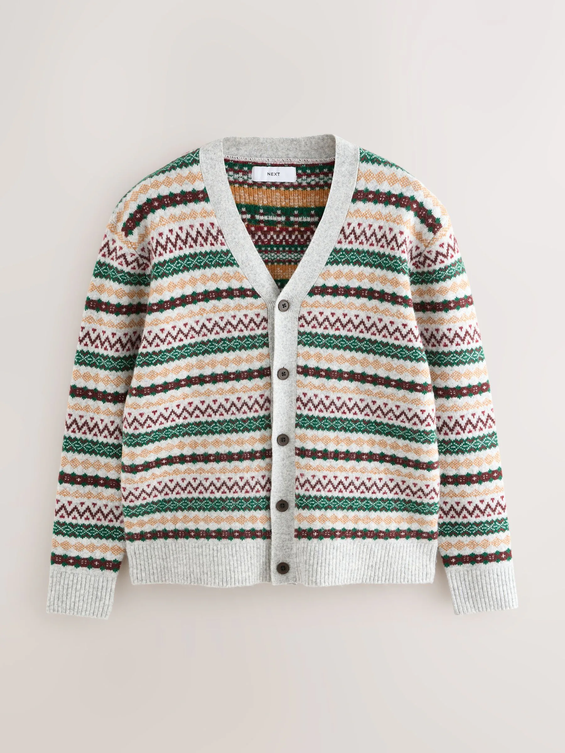 Lichtgrijs meerkleurig - Relaxed Fit Cosy Fairisle Pattern Cardigan With Wool