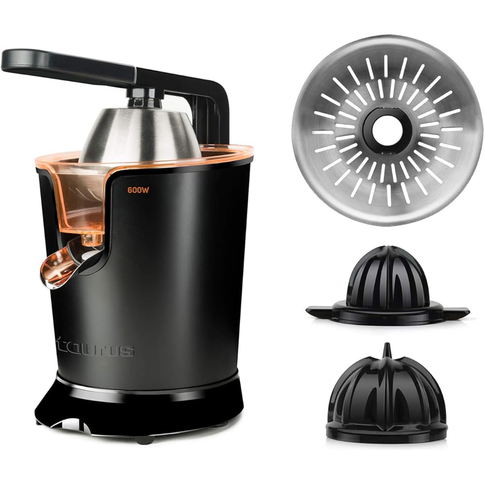 Taurus Easy Press 600 - Presse agrumes électrique levier professionnel 600W, Moteur à courant alternatif, 2 cônes pour tous les agrumes, 650ml, Filtre en inox, Amovible, Noir : Cuisine et Maison