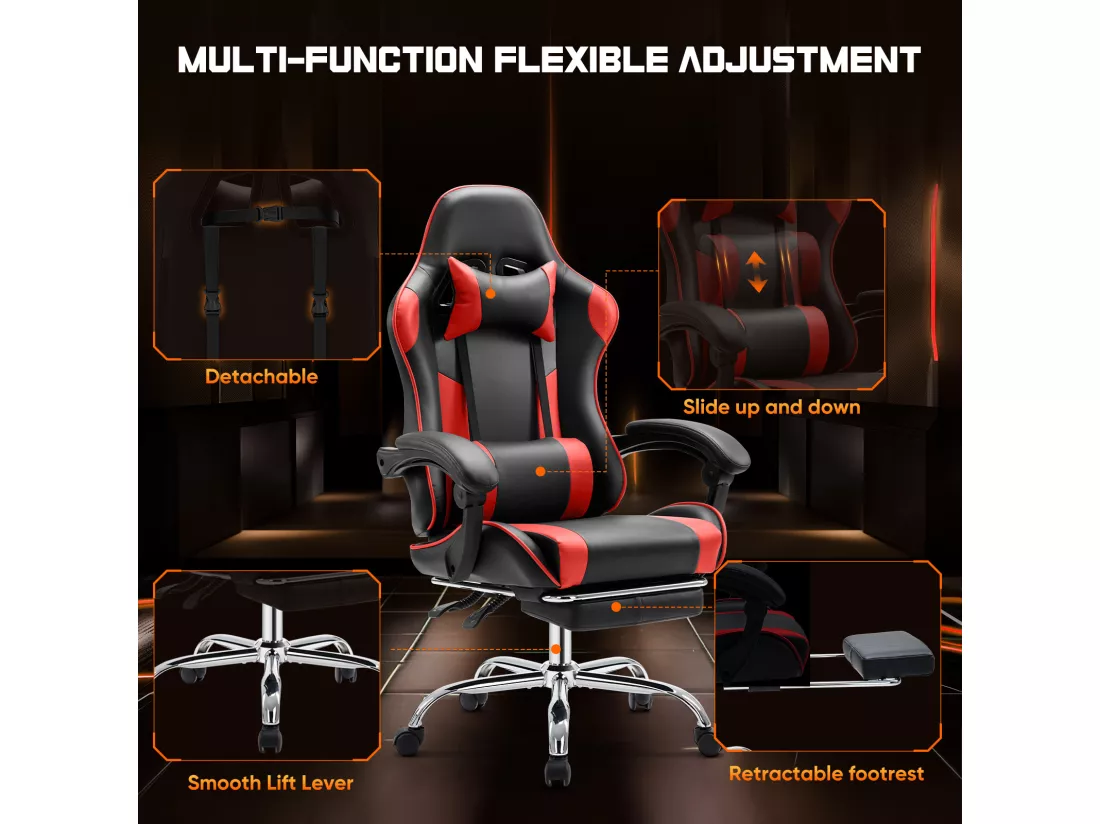 Chaise de jeu ,Chaise de bureau avec repose-pieds et soutien lombaire confortable,Ergonomique,Fauteuil inclinable avec appui-tête,Cuir PU,Rouge,Noir