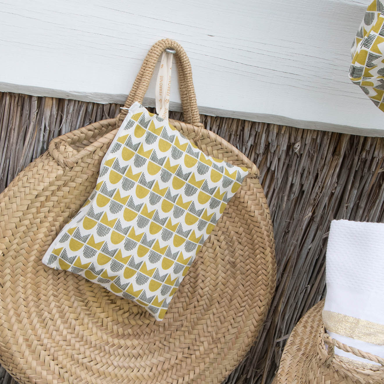 Febronie Pochette de plage en Coton Skandi jaune/kaki - 28x21 cm
