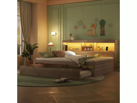 Lit gigogne 140x200 éclairage d'ambiance télécommandé compartiment de rangement côté lit prise+USB Naturel