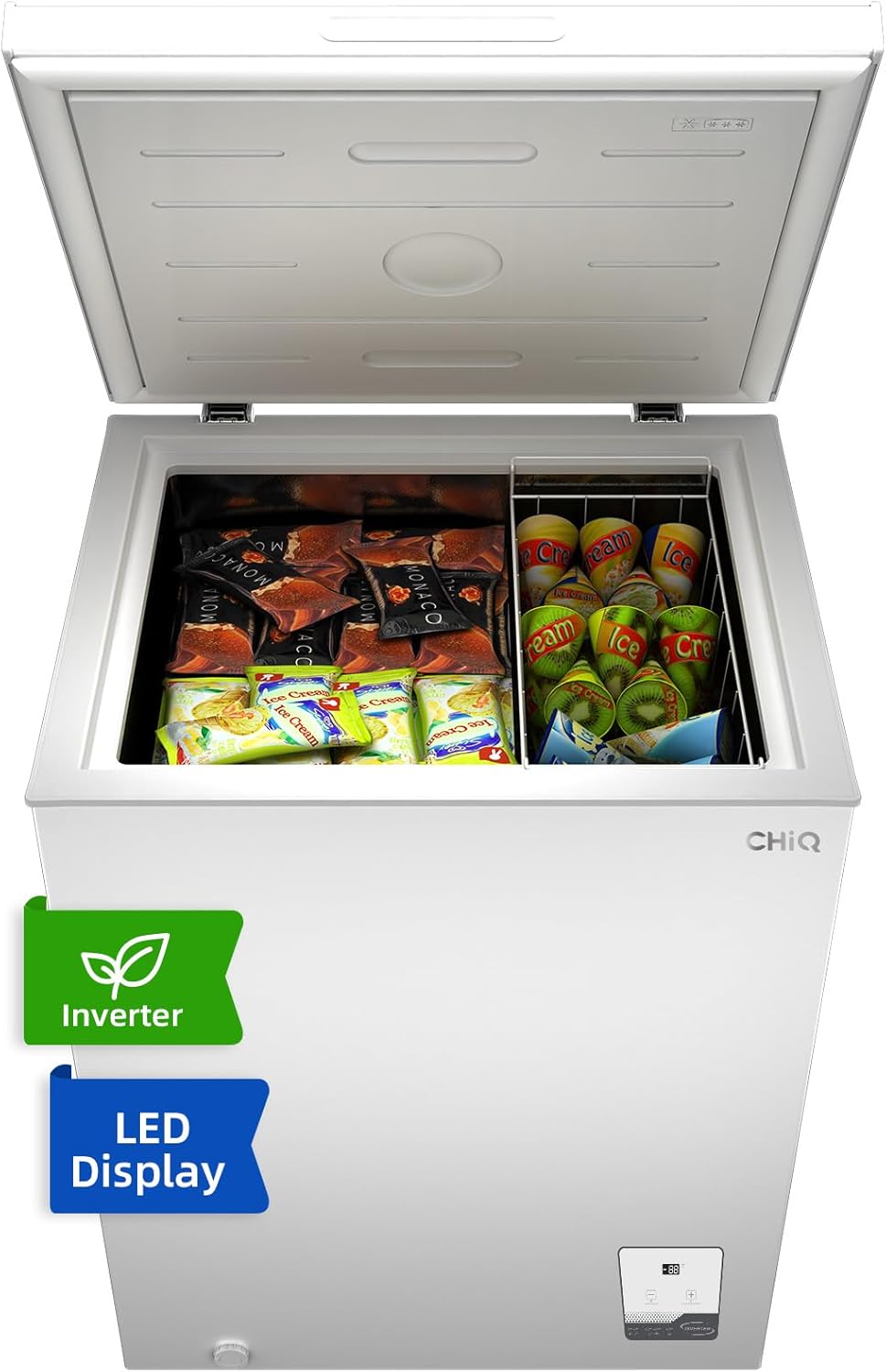 CHiQ Gefriertruhe FCF142DE,142 L Gefrierschrank, EEK E, 4 Sterne Gefrierfach, 83,5 cm hoch, Einstellbarer Temperaturregler, Starke Gefrierleistung, ßWeiß