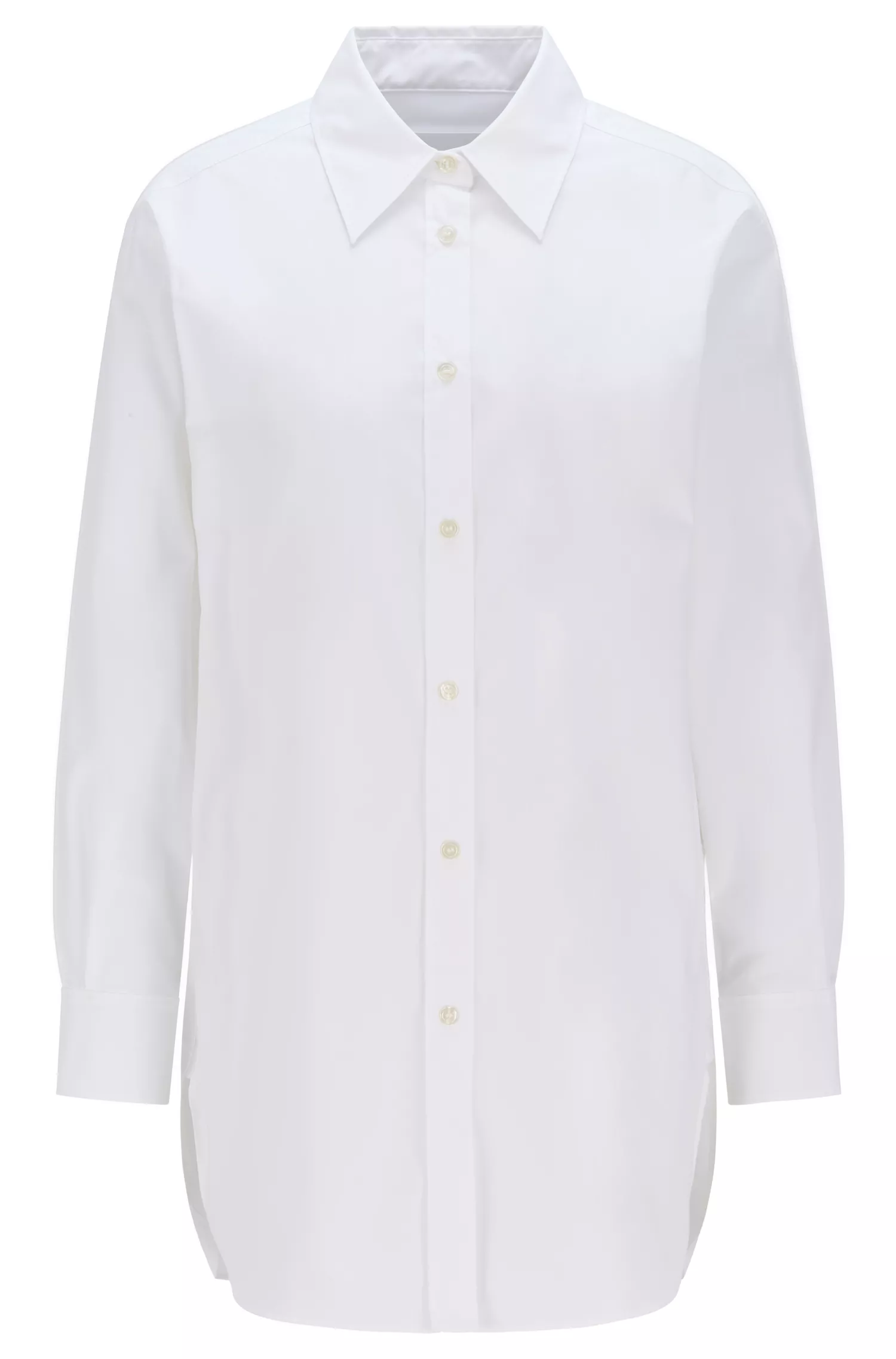 Blusa BOSS preta, comprida e com modelagem solta, em algodão orgânico.