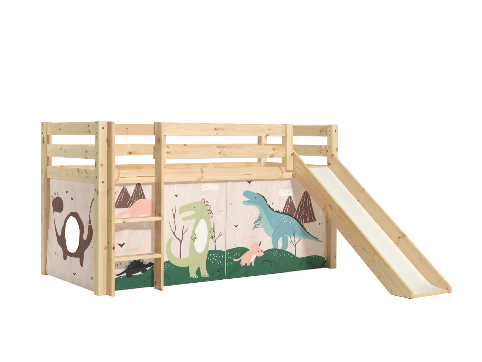 Halbhochbett PINO - DINOSAURIER - Kiefer natur Massivholz - mit Rutsche - 90x200 cm