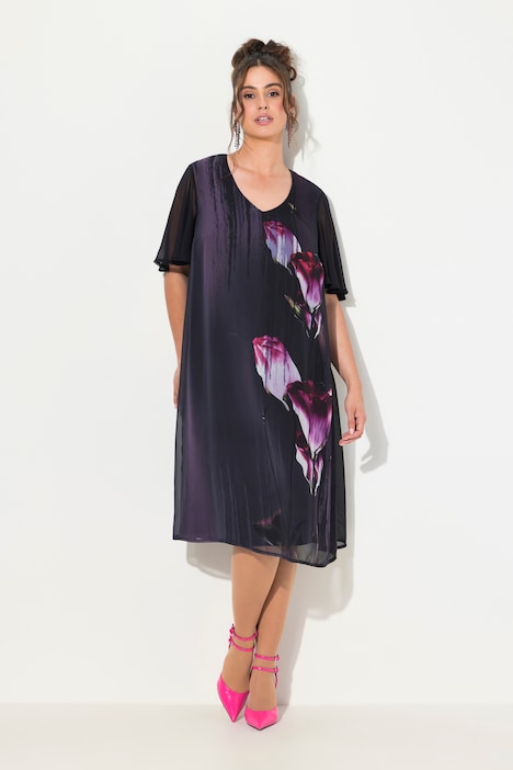 Kleid, Blüten, A-Linie, V-Ausschnitt, Cup-Halbarm