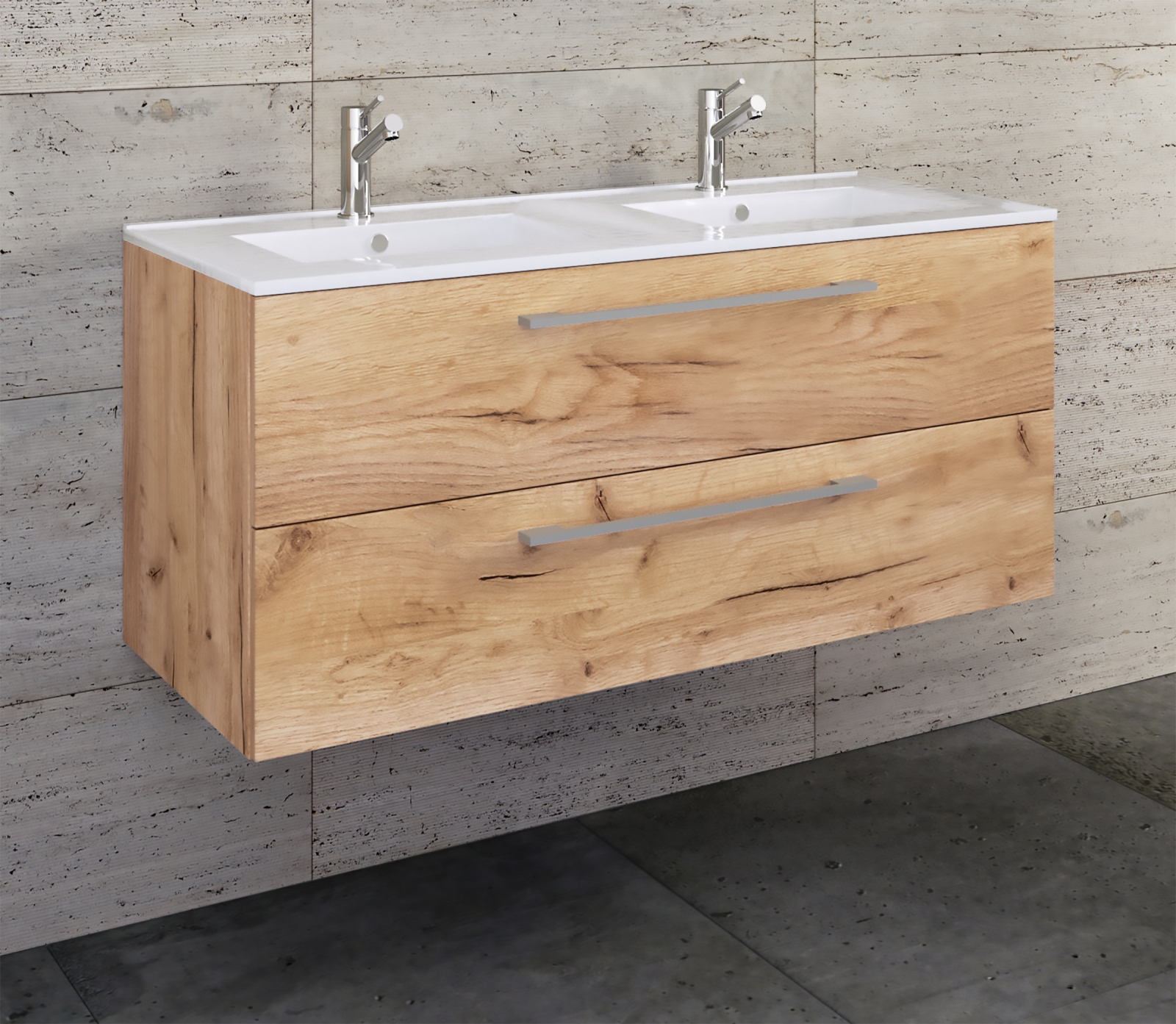 2-teiliger Waschplatz BUDASI - Honig Eiche - Doppelwaschbecken - 112 cm