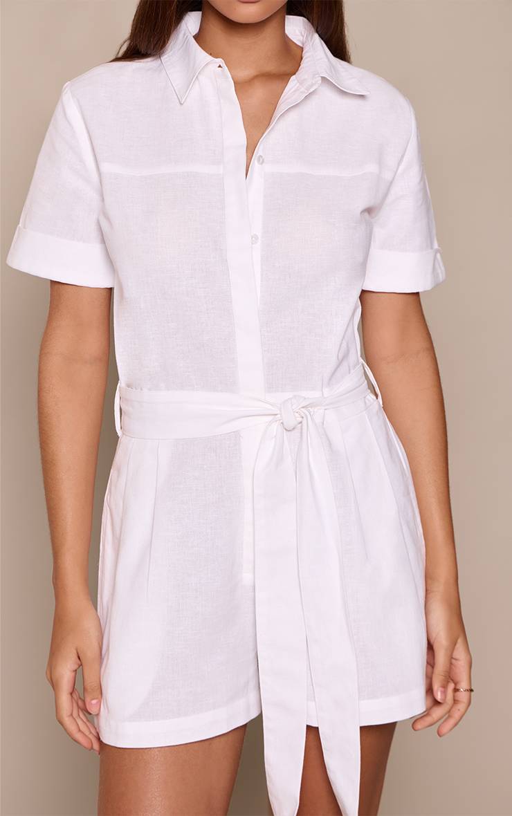 Blanc Combi-short Cargo Aspect Lin Avec Ceinture À Nouer