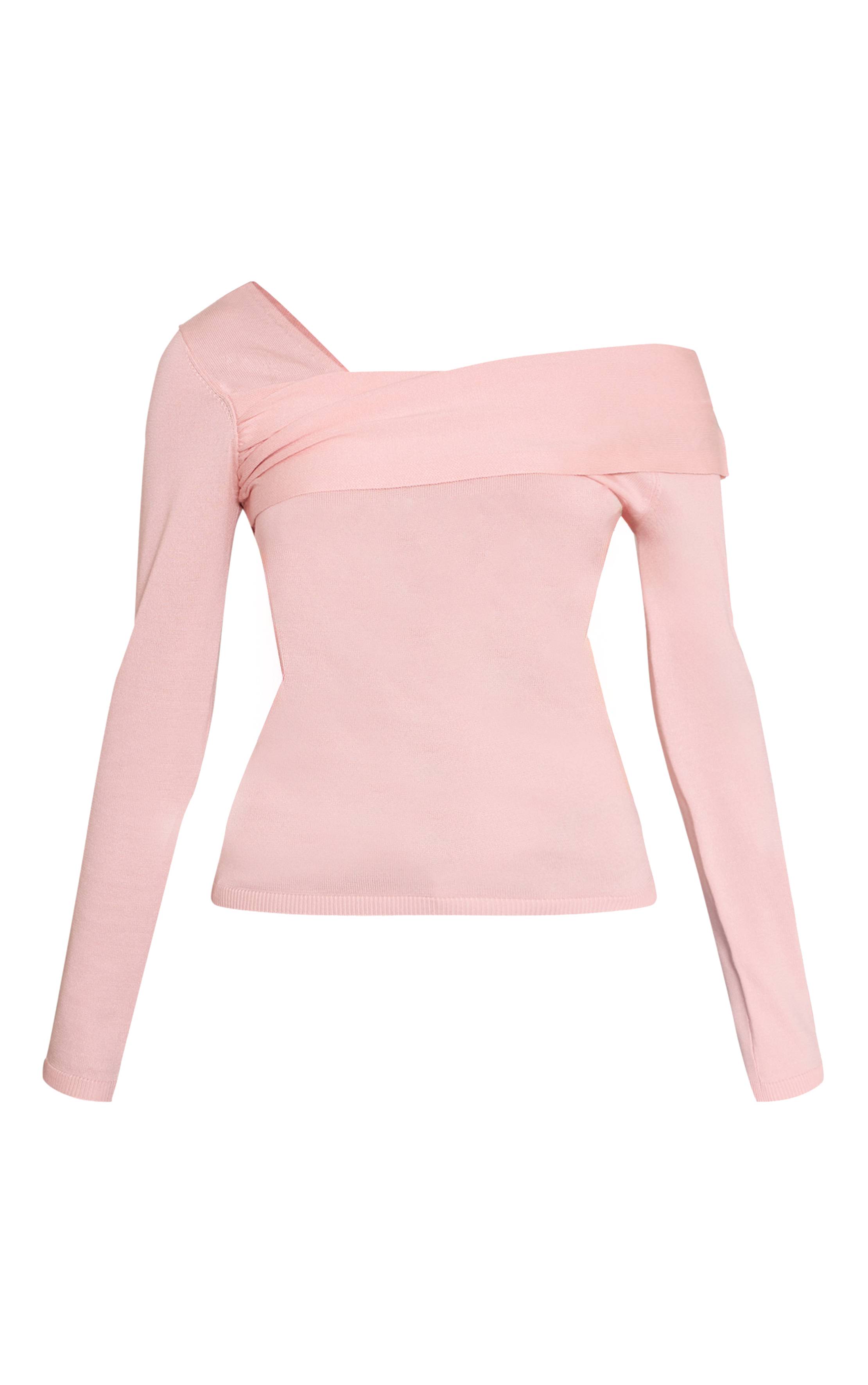 Rose Haut Tricoté Asymétrique À Épaule Dénudée Et Manches Longues