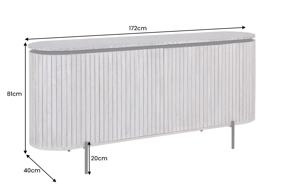 Massives Sideboard ADLON 170cm grau gebürstet Mangoholz mit weißer Marmorplatte