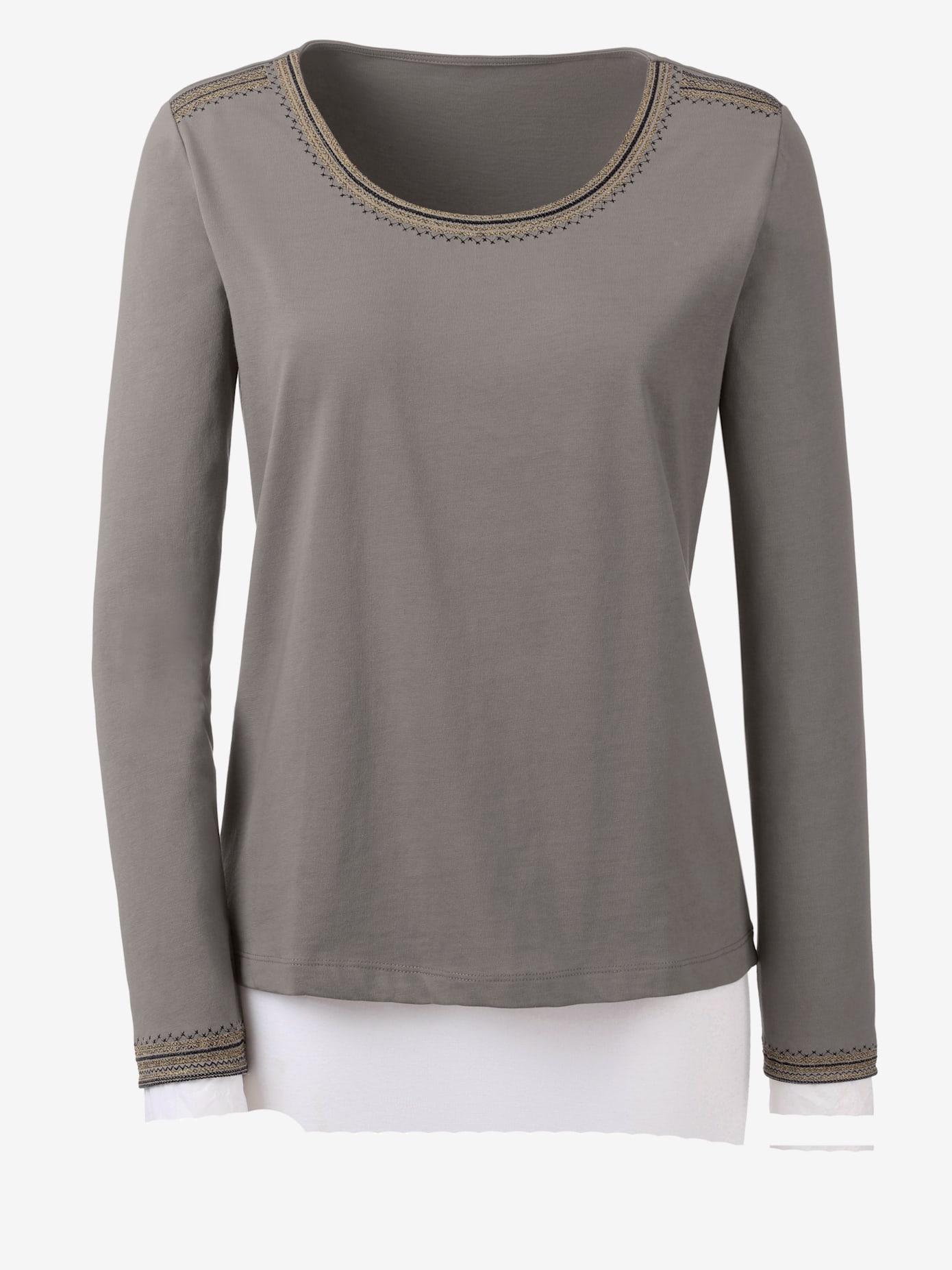 T-shirt brodé mélange coton-modal col rond manches longues