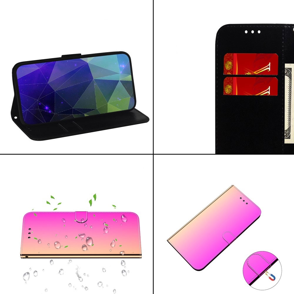 iPhone 12 / iPhone 12 Pro Leder Tasche Flip Cover im Spiegel Design mit Kartenfach   Handschlaufe - Regenbogen Rosa