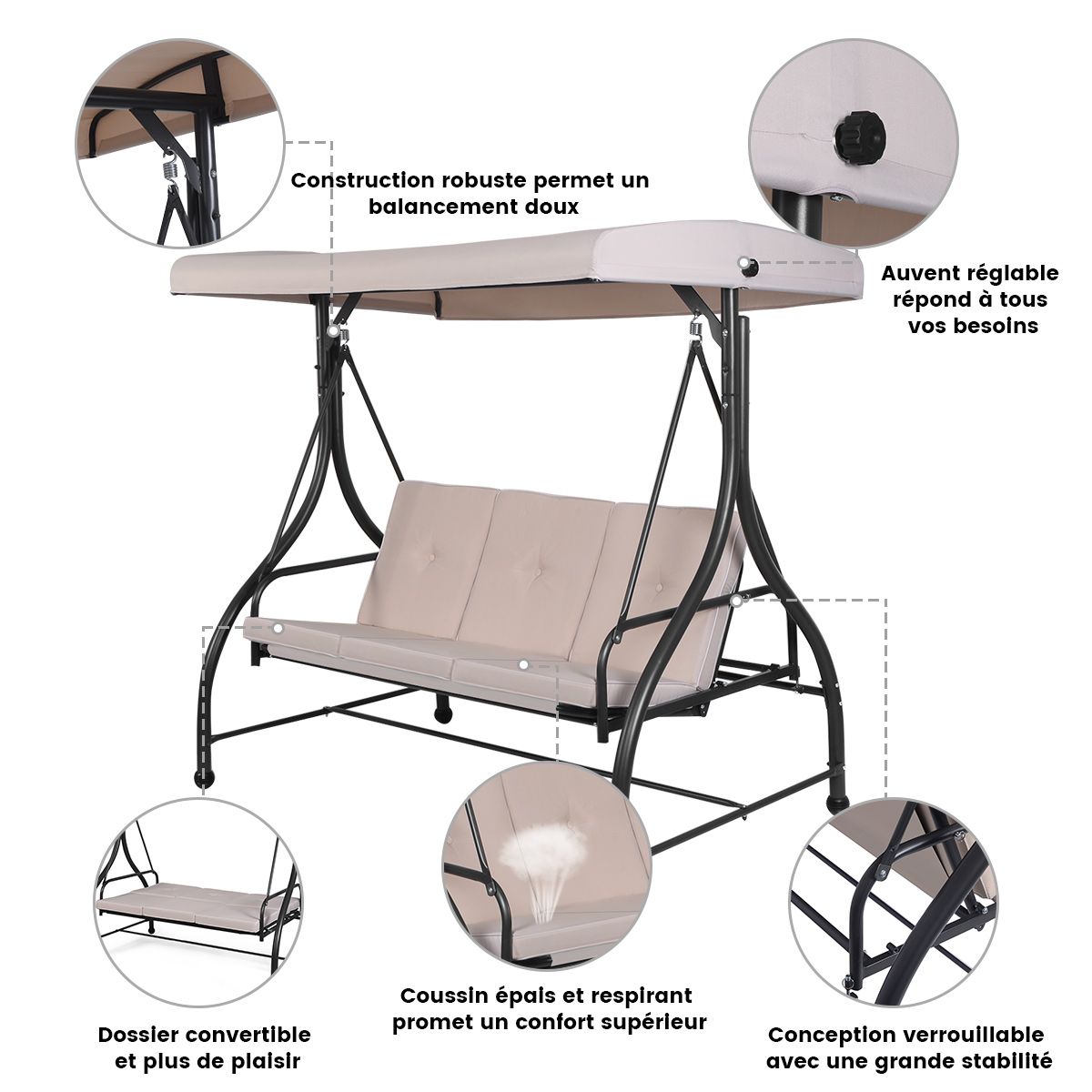 Balancelle d'Extérieur Convertible Jardin Porche Avec Sièges à Coussins Auvent Réglable et Cadre en Métal Enduit Hamac 3 Places Beige - Lidl-Manfred