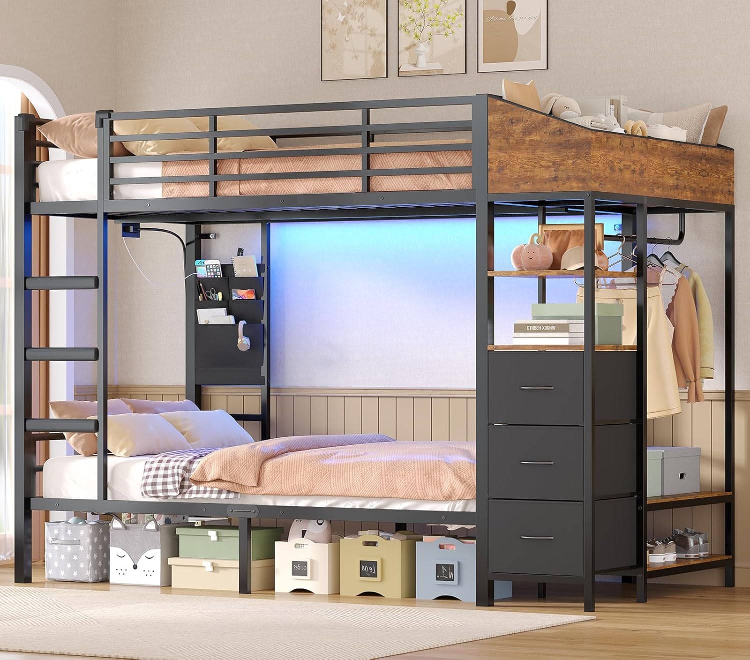 Hochbett 90x200 Jugendbett mit Treppe und Rausfallschutz Bunk Bed mit LED Beleuchtung und Ladestation Modernes Etagenbett mit Garderobenständer und Stauraum für Kinder Jugendliche und Erwachsene HD3160402