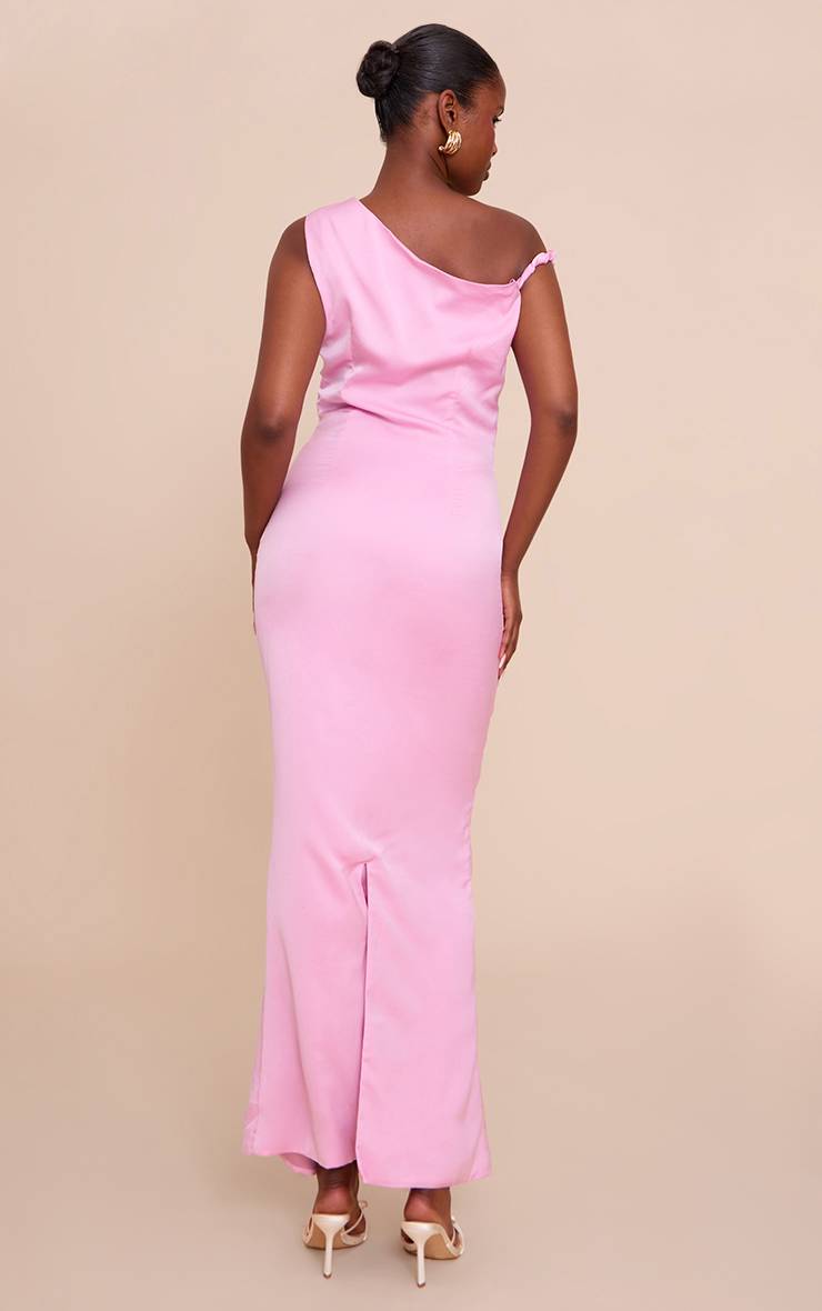 Rose Bonbon Robe Longue Asymétrique En Satin Avec Col Bardot Torsadé