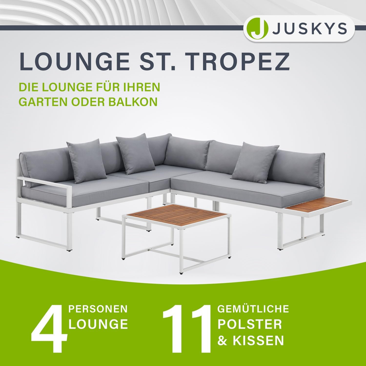 Juskys Gartenmöbel Lounge St. Tropez - 4 Personen Sitzecke - Set mit Tisch, Ecksofa & Kissen - Möbel für Balkon & Garten - Holz Balkonmöbel Weiß