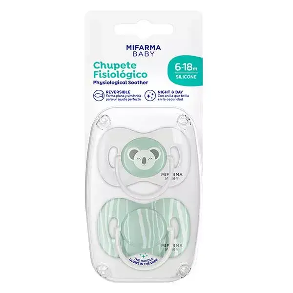 Chupeta Mifarma Baby para Dia e Noite, Silicone Fisiológico, +6 meses, Panda Verde, Pacote com 2