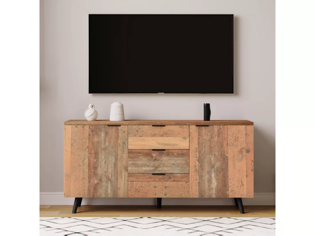 Buffet effet bois vieilli avec étagères réglables 2 portes 3 tiroirs GRANCUK