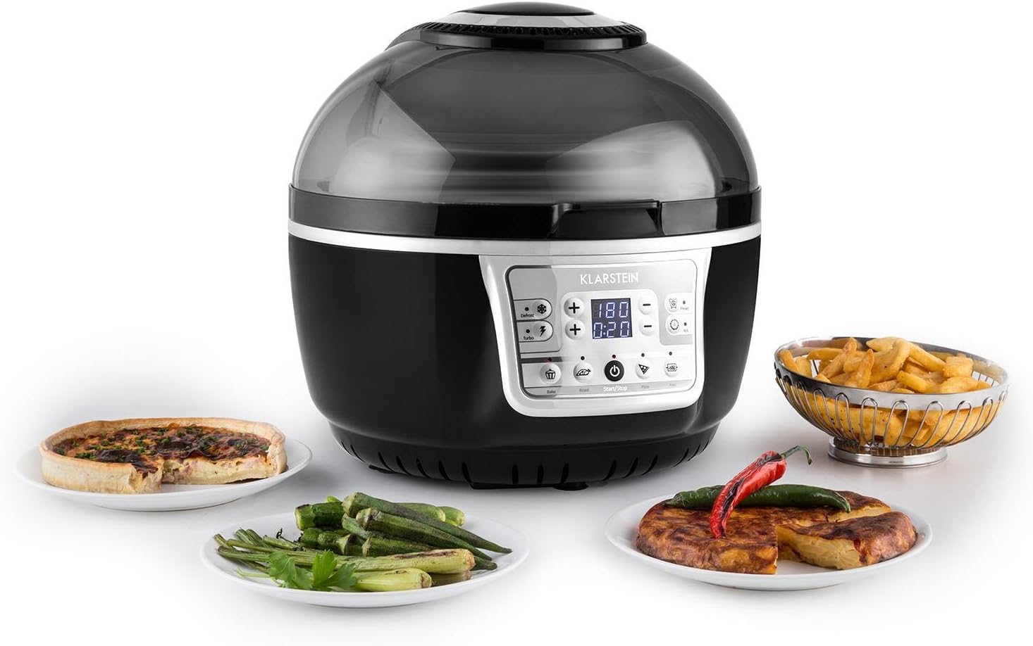 Klarstein VitAir Turbo Heißluftfritteuse - 1400 Watt Heissluftfriteuse, Airfryer mit 9 Liter Garraum, 50 bis 230°C, Timer, Halogen-Infrarot-Heizelement, Kuppel-Design, schwarz-grau