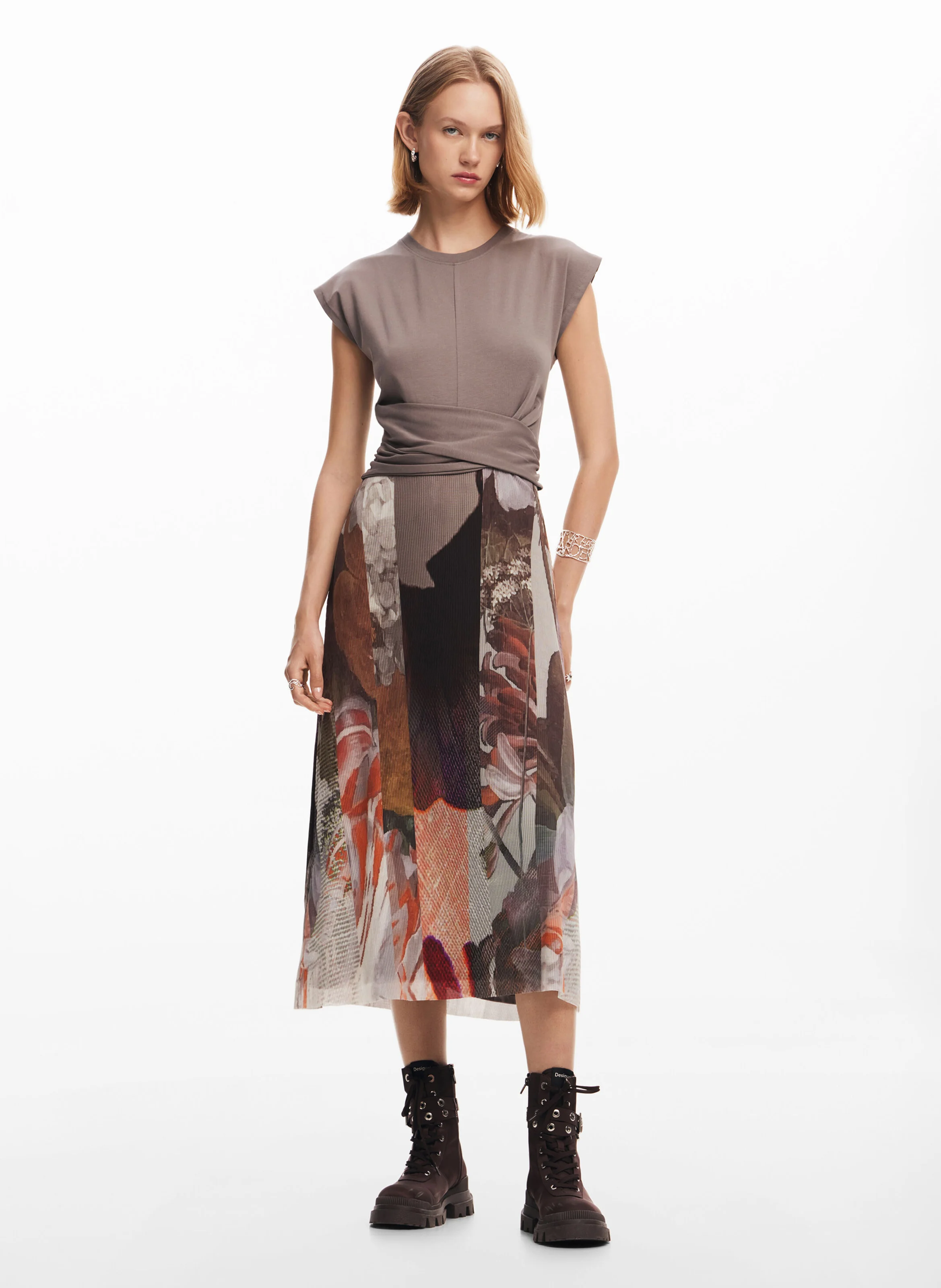 Robe midi col rond imprimée | Marron