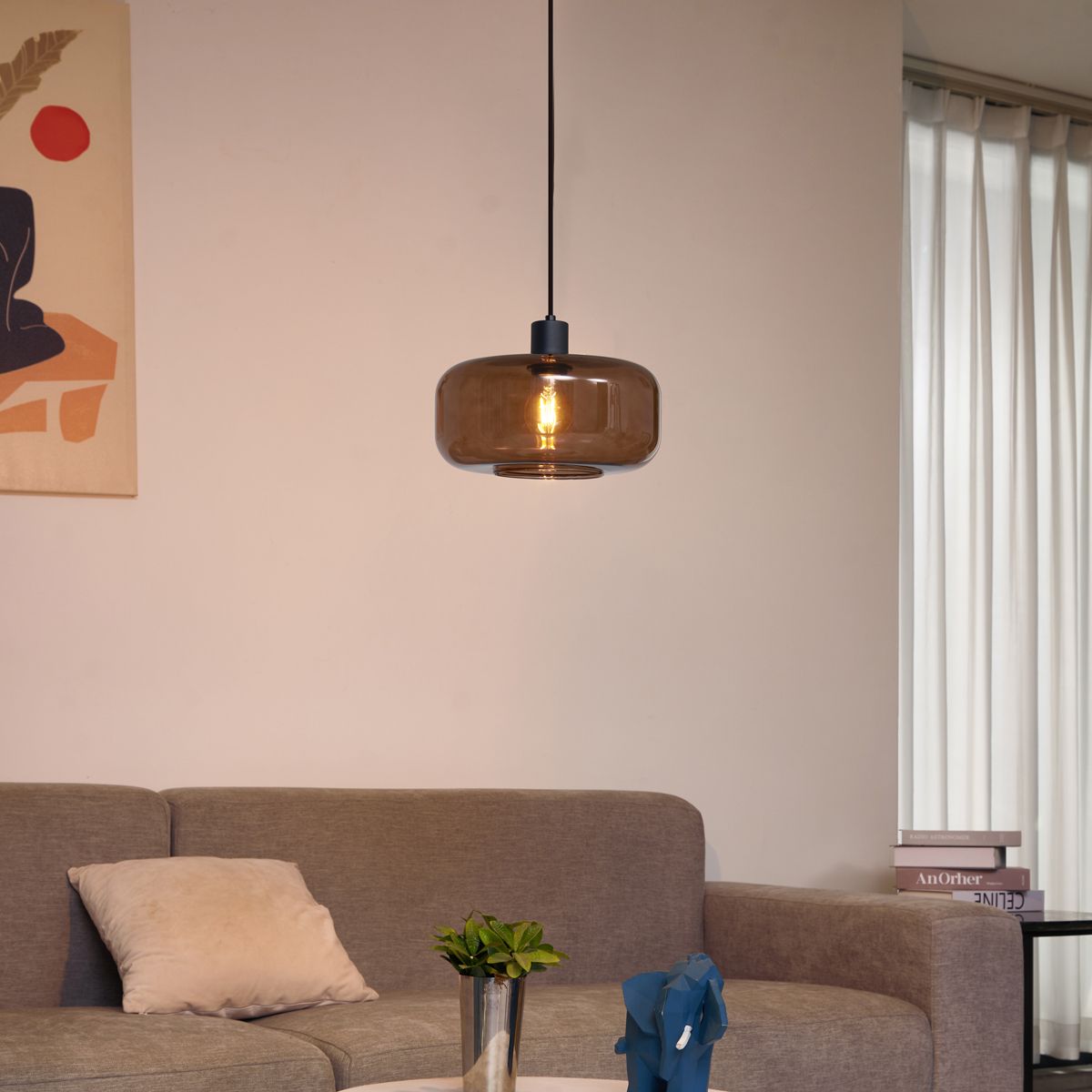 Retro hanglamp zwart met brons glas - Bizle