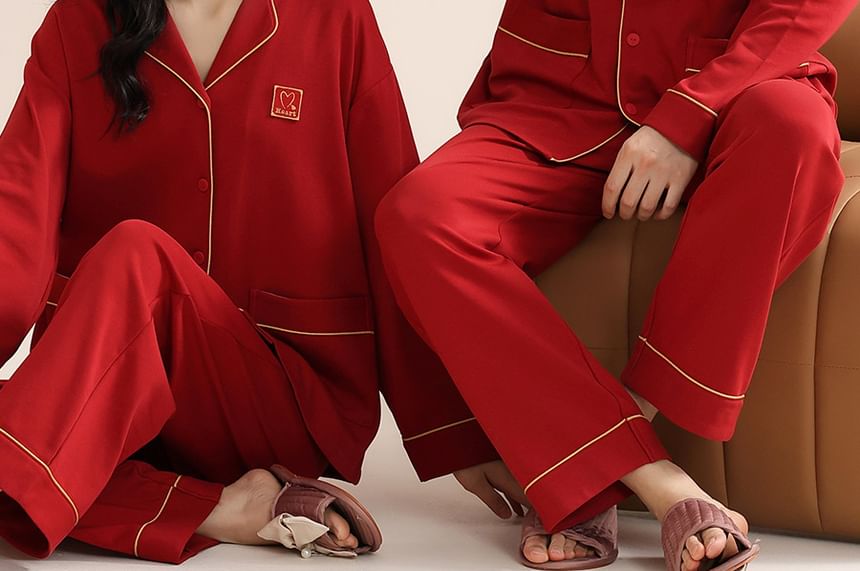 Jeony - Bijpassende pyjamaset voor koppels: shirt met lange mouwen en contrasterende rand + rechte broek met elastische taille (verschillende ontwerpen)