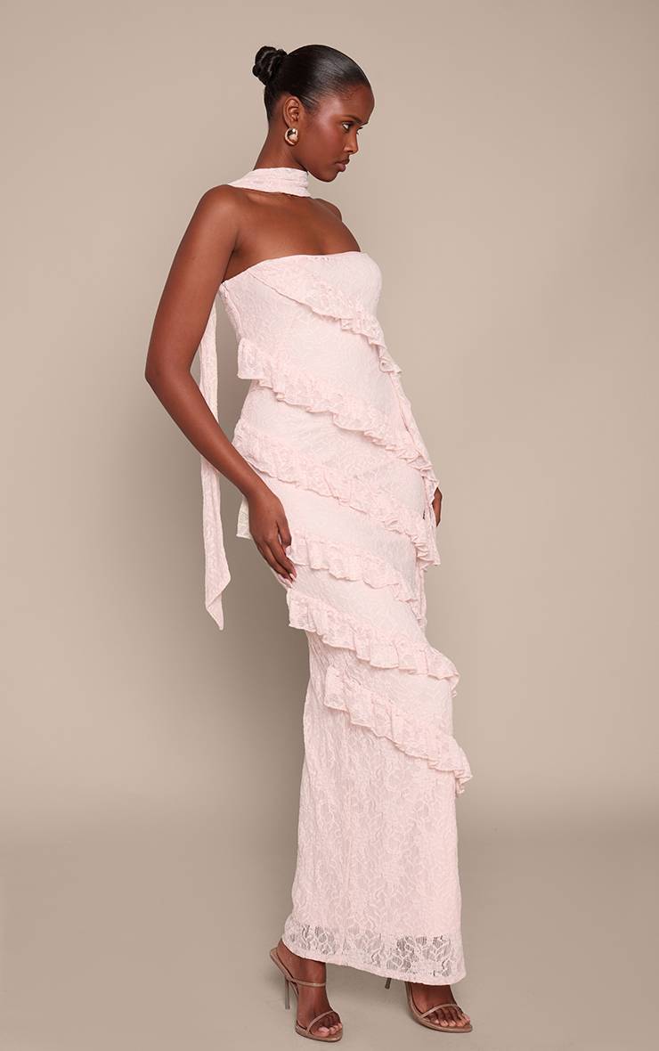 Rose Robe Maxi Asymétrique En Dentelle À Volants Et Détail Foulard