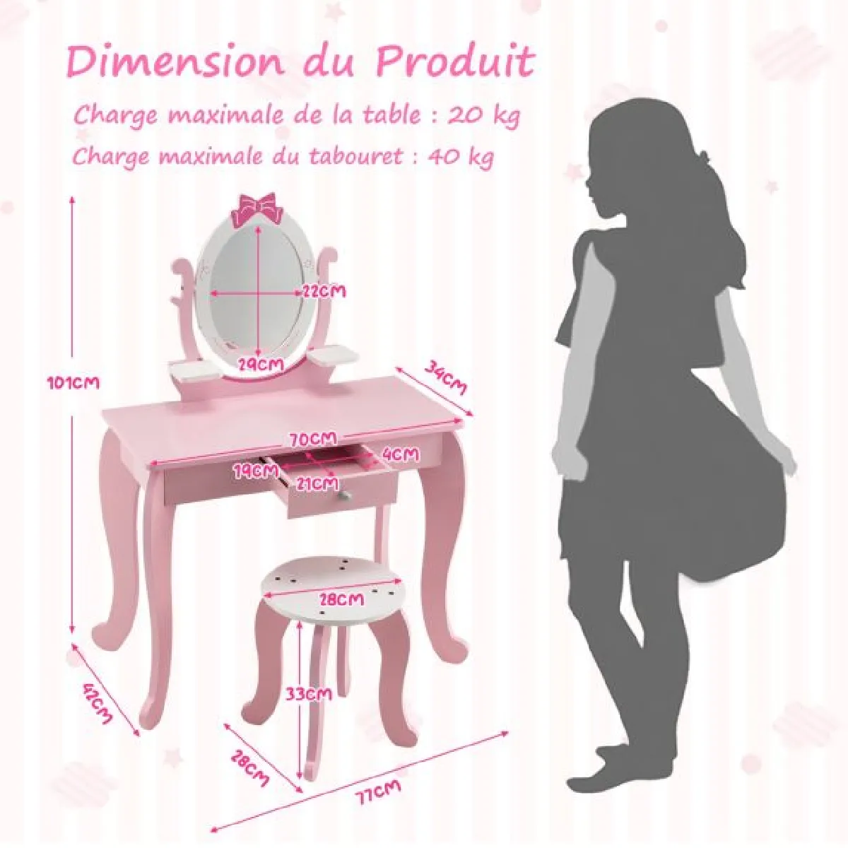 Coiffeuse enfant rose Helloshop26 avec miroir rotatif