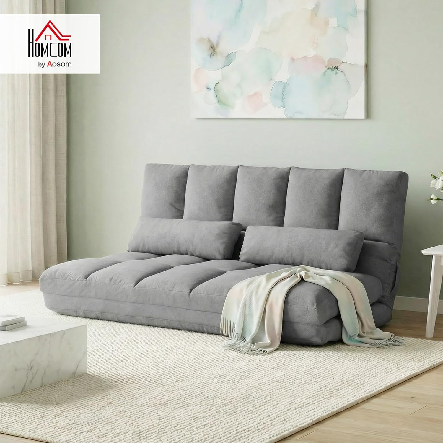 HOMCOM Bodensofa Schlafsofa Bodensofa mit 3-stufig verstellbar Rückenlehne, 5-stufig verstellbar Kopfstütze, Klappsessel Sofabett Hellgrau 130 x 73 x 60 cm