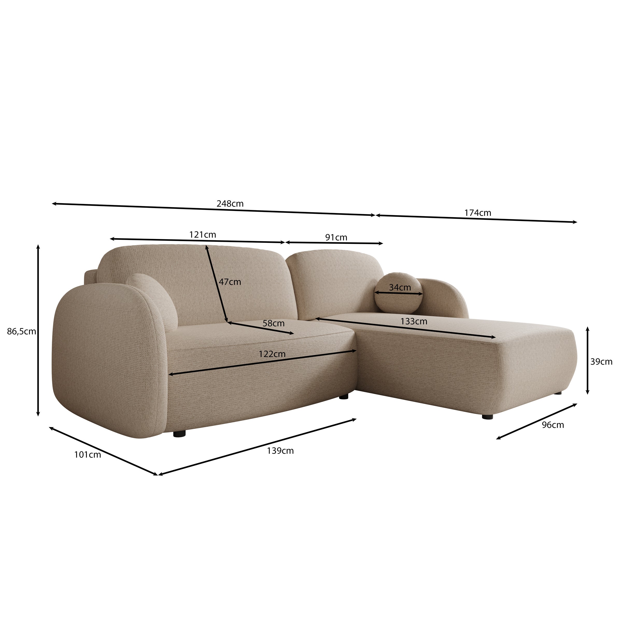 Ometa - Hoekbank 3-zits met slaapfunctie - Teddystof beige