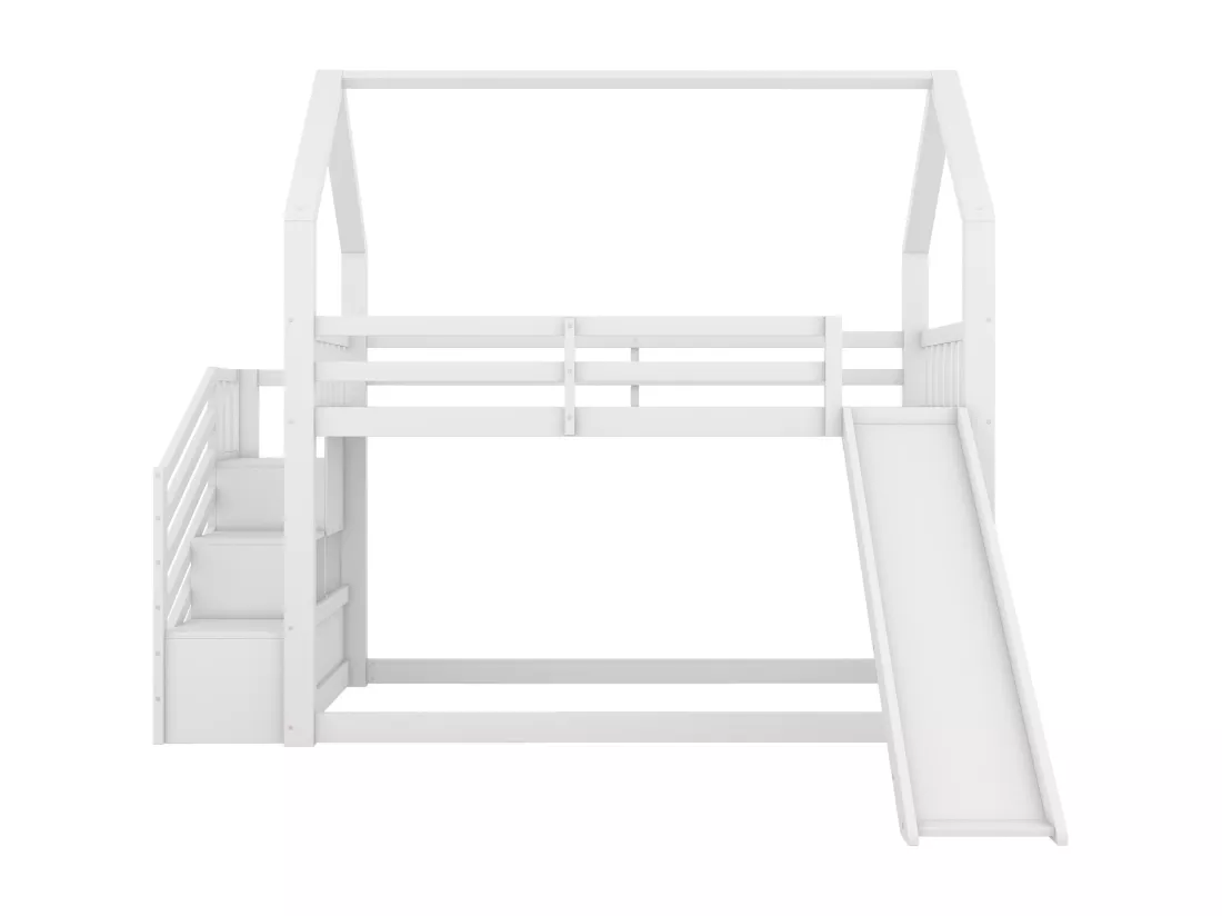 Lit superposé 90x200cm - lit cabane enfant avec escalier de rangement et toboggan, 1x sommier à lattes - blanc